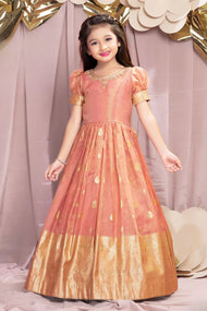 Peach Banarasi Silk Gown with Golden Zari Border
