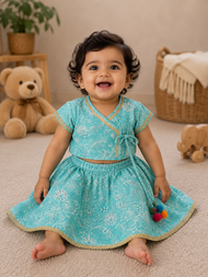 Aqua Blue Floral Print Traditional Lehenga Choli Set