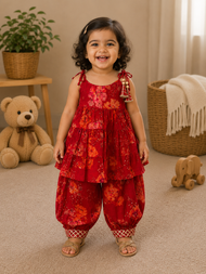 Red Floral Tiered Kurti with Dhoti Pant Set
