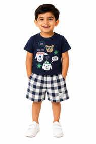 Navy Blue Dog Print with Checkered Co-Ord Set