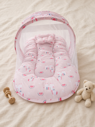 Pink Animal-Print Baby Bed with Mosquito Net