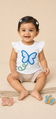 Girls’ White Butterfly Print Flutter-Sleeve T-Shirt