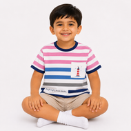 Striped Cotton T-Shirt with Lighthouse Pocket Print