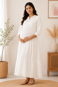 Maroon Embroidered Maternity & Feeding Maxi Dress