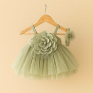 Sage Green Tulle Party Dress for Girls with Floral Appliqué