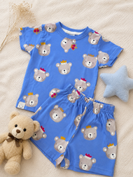 Bear Print Half Sleeve T-Shirt with Shorts