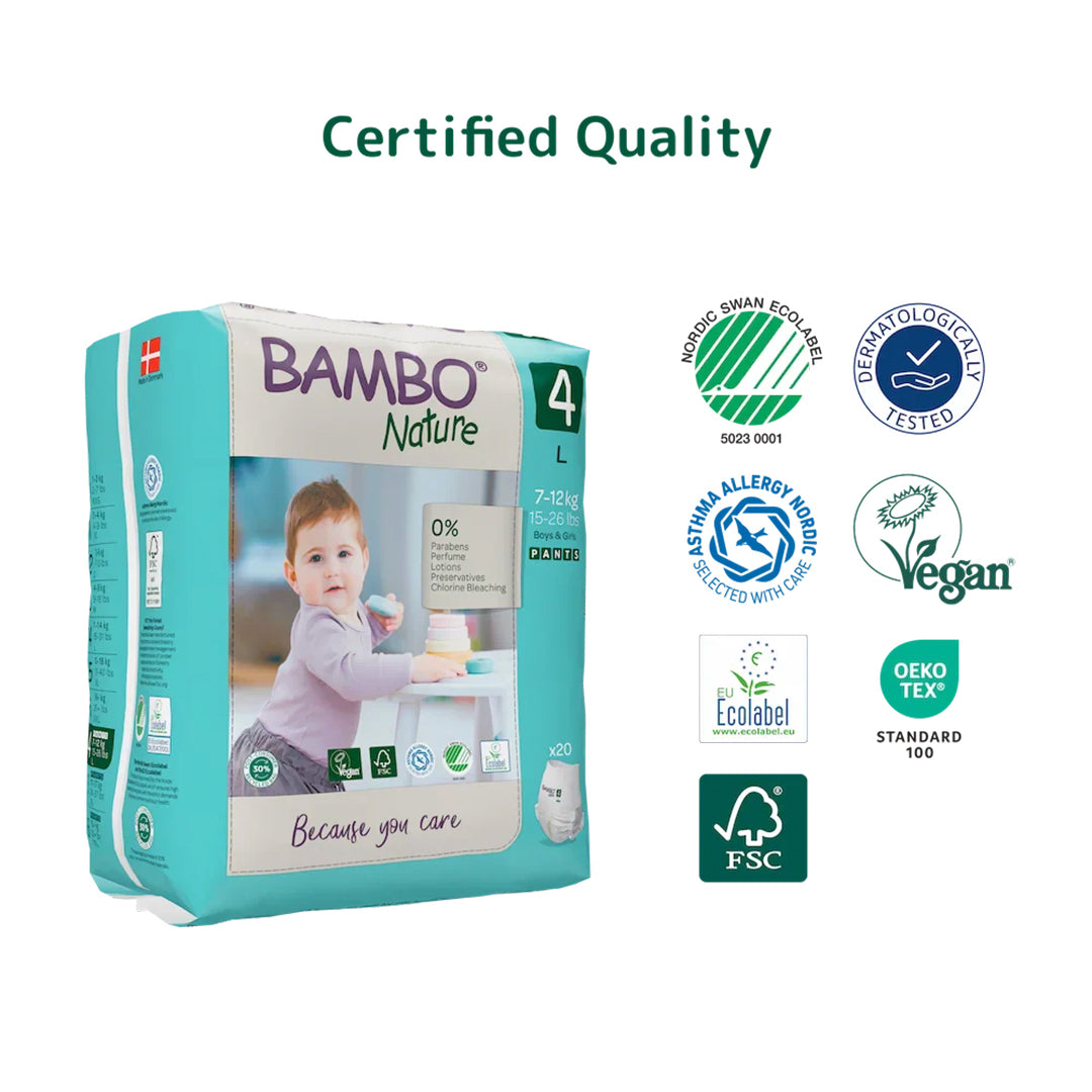 Bambo Nature Premium Baby Pants Diapers for Babies. Super Absorbent, Breathable, Extra Soft, Dermatologically Tested, Hypoallergenic Infant Nappies With Wetness Indicator