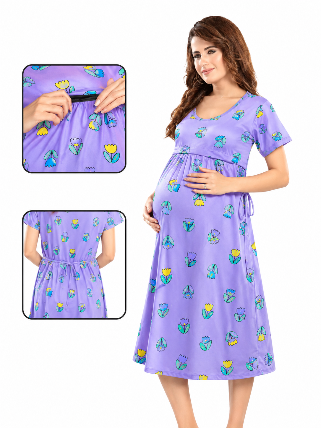 Women's Maternity Soft Lavender Tulip Print Feeding Gown