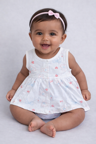 White Teddy Print Baby Frock