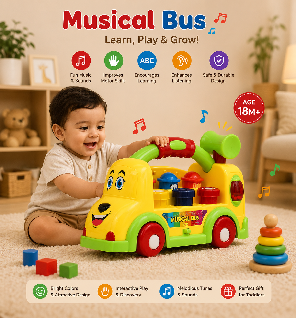 Musical Bus Hammer Toy for Toddlers