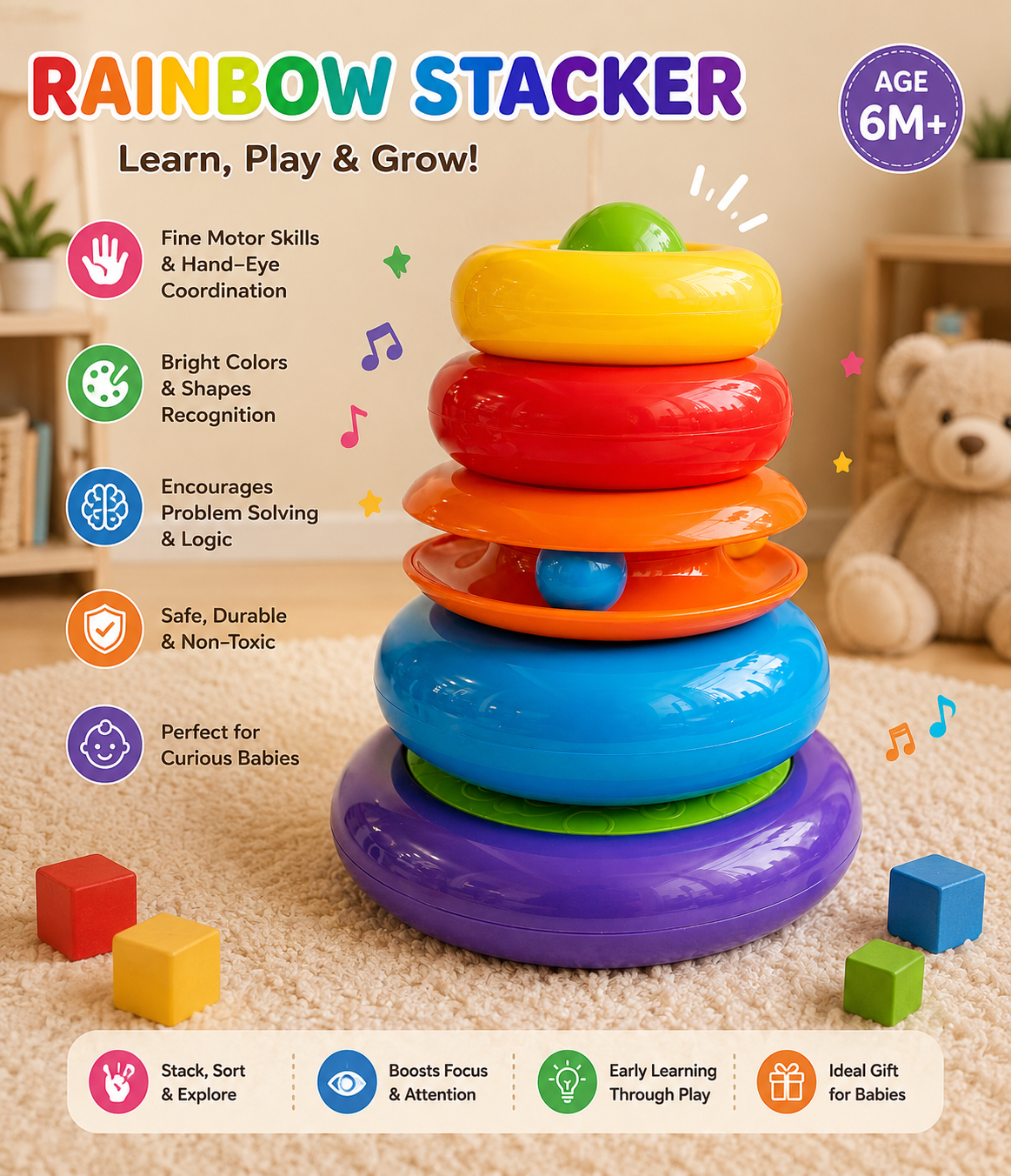 Rainbow Stacking Rings Toy for Babies
