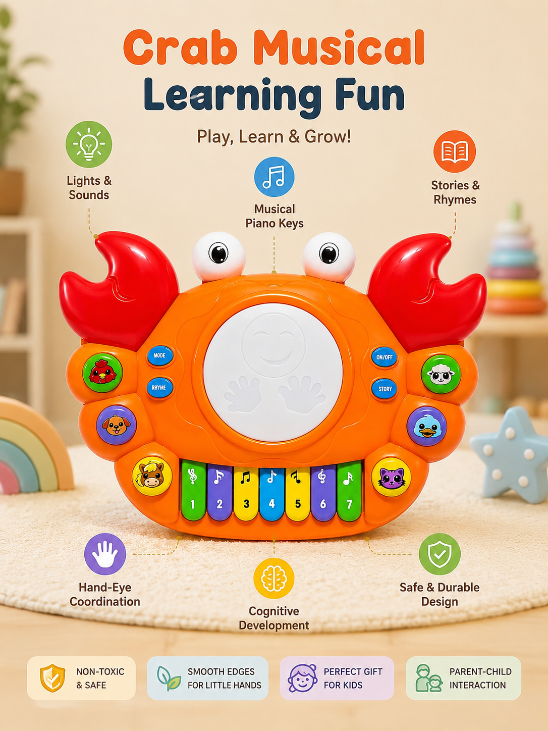 Musical Crab Piano Toy for Toddlers