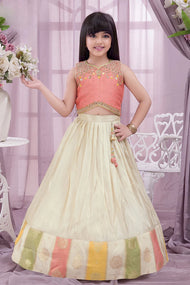 Peach Crop Top with Ivory Lehenga for Girls