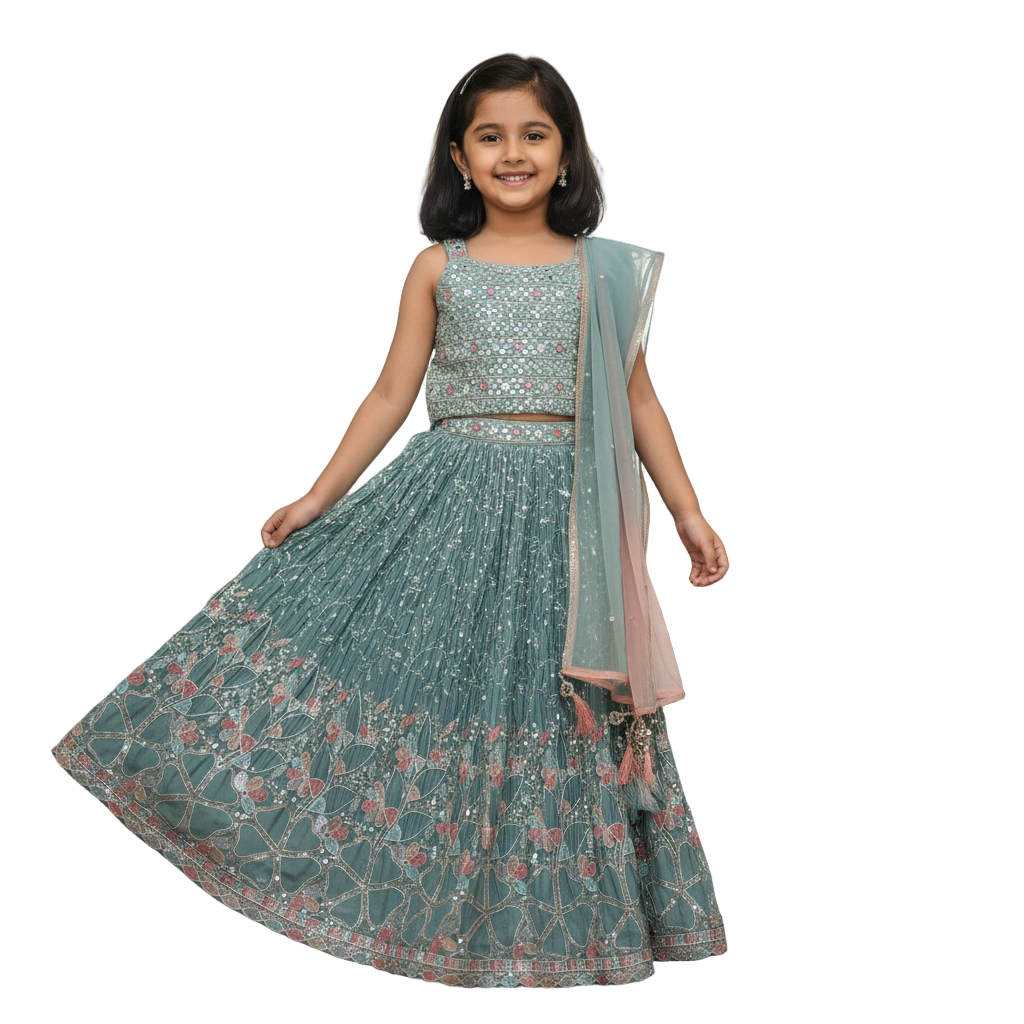 Elegant Teal Blue Embroidered Kids Lehenga with Dupatta