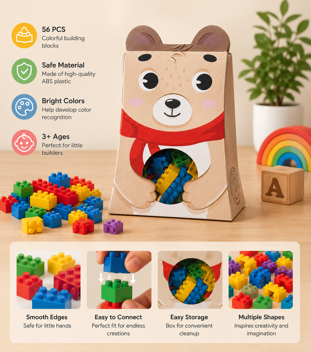 Little Bear Building Blocks Set – 56 Pieces