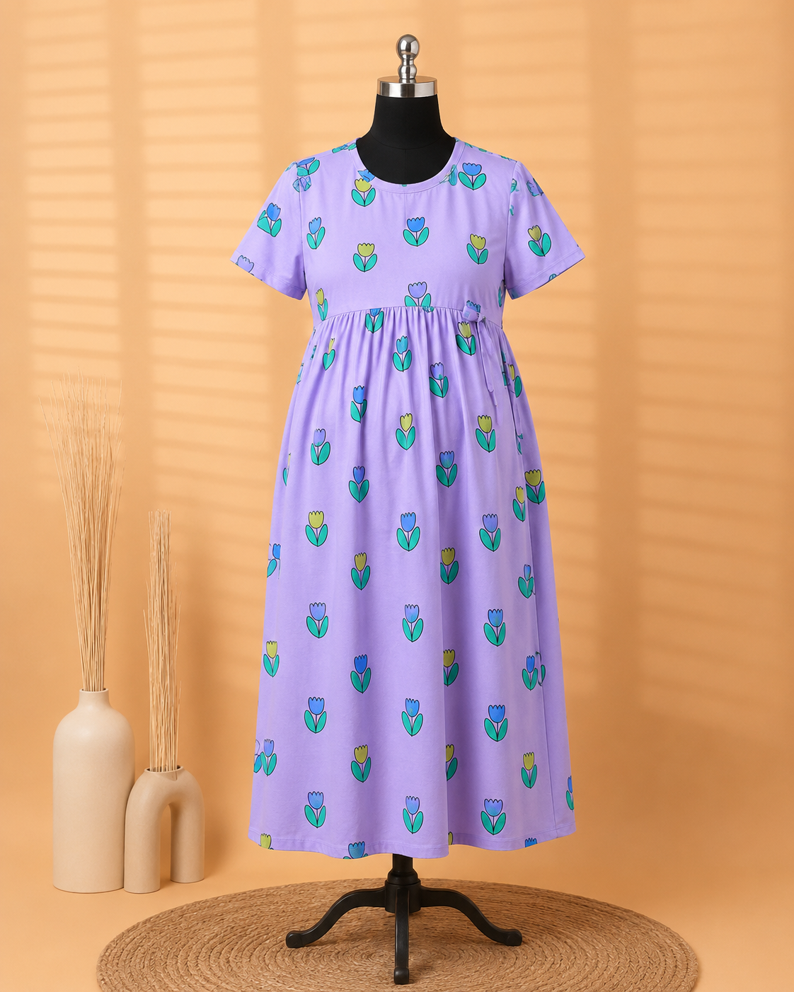 Women's Maternity Soft Lavender Tulip Print Feeding Gown