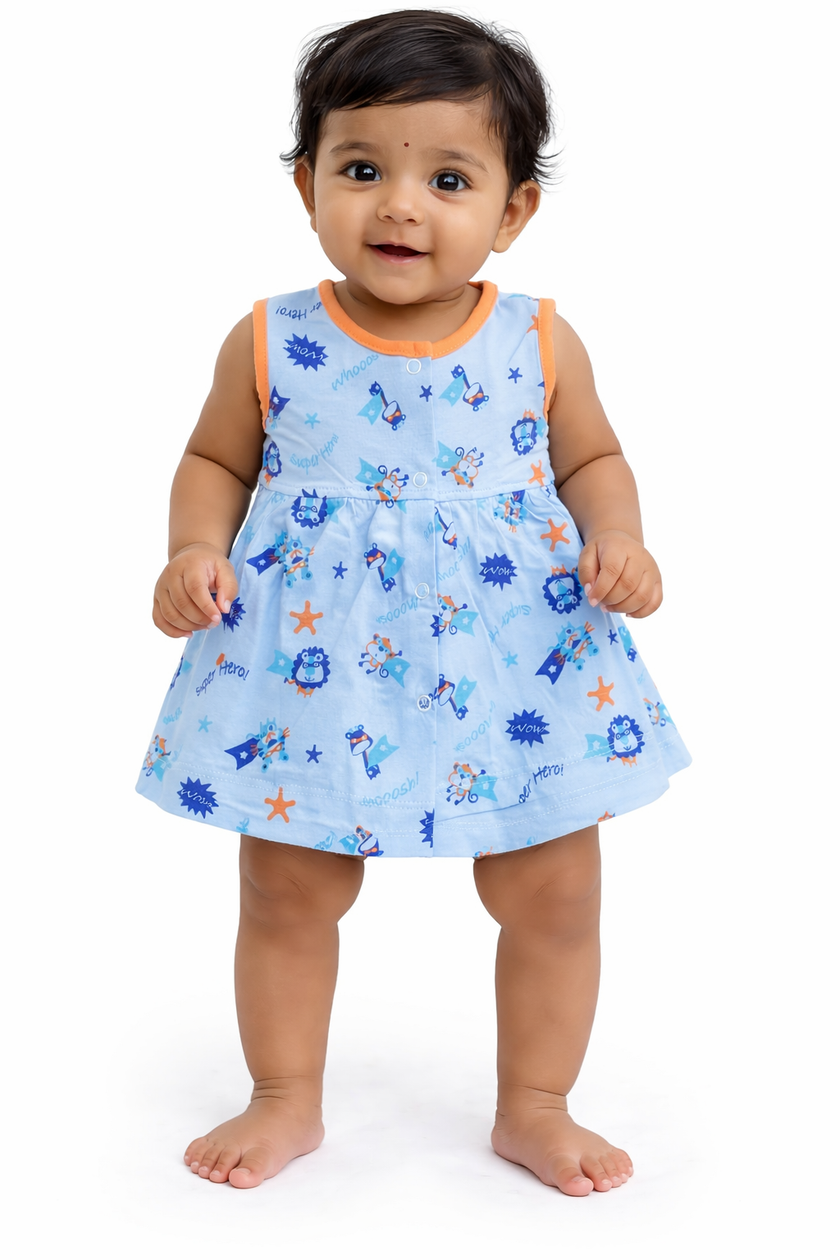 Powder Blue Superhero Print Baby Frock