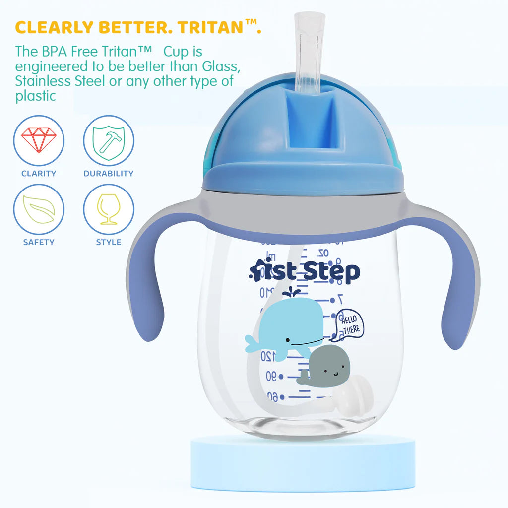 1st Step TRITAN 280 ml BPA Free Anti-Spill Soft Silicone Weighted Straw Baby Sipper Cup with Twin Handle - Blue - Mamadada
