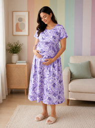 Women's Maternity Soft Lavender Butterfly Print Feeding Gown