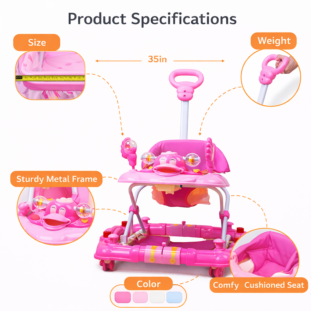 Pink Giggles Baby Walker with Push Handle