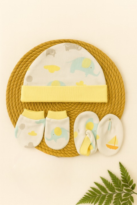 Yellow Elephant Parade Newborn Cap, Mittens & Booties Set