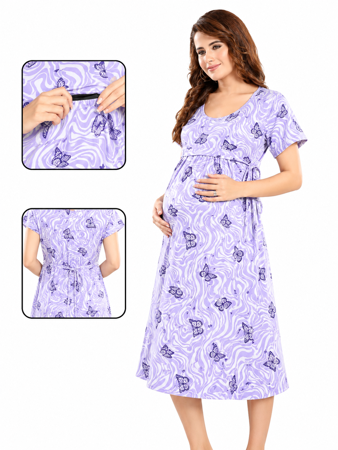 Women's Maternity Soft Lavender Butterfly Print Feeding Gown