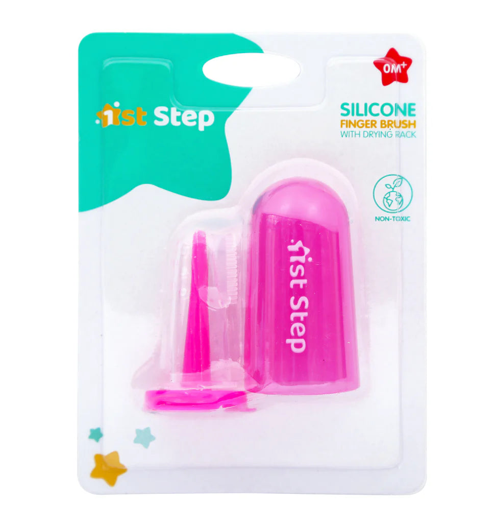1st Step Silicone Finger Brush with Drying Rack-Pink - Mamadada
