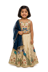 Beige Kids Lehenga with Peacock Embroidery & Blue Dupatta