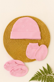 Pink Flutter Butterfly Newborn Cap, Mittens & Booties Set