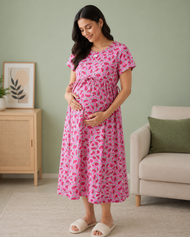 Women's Maternity Pink Watermelon Print Feeding Gown