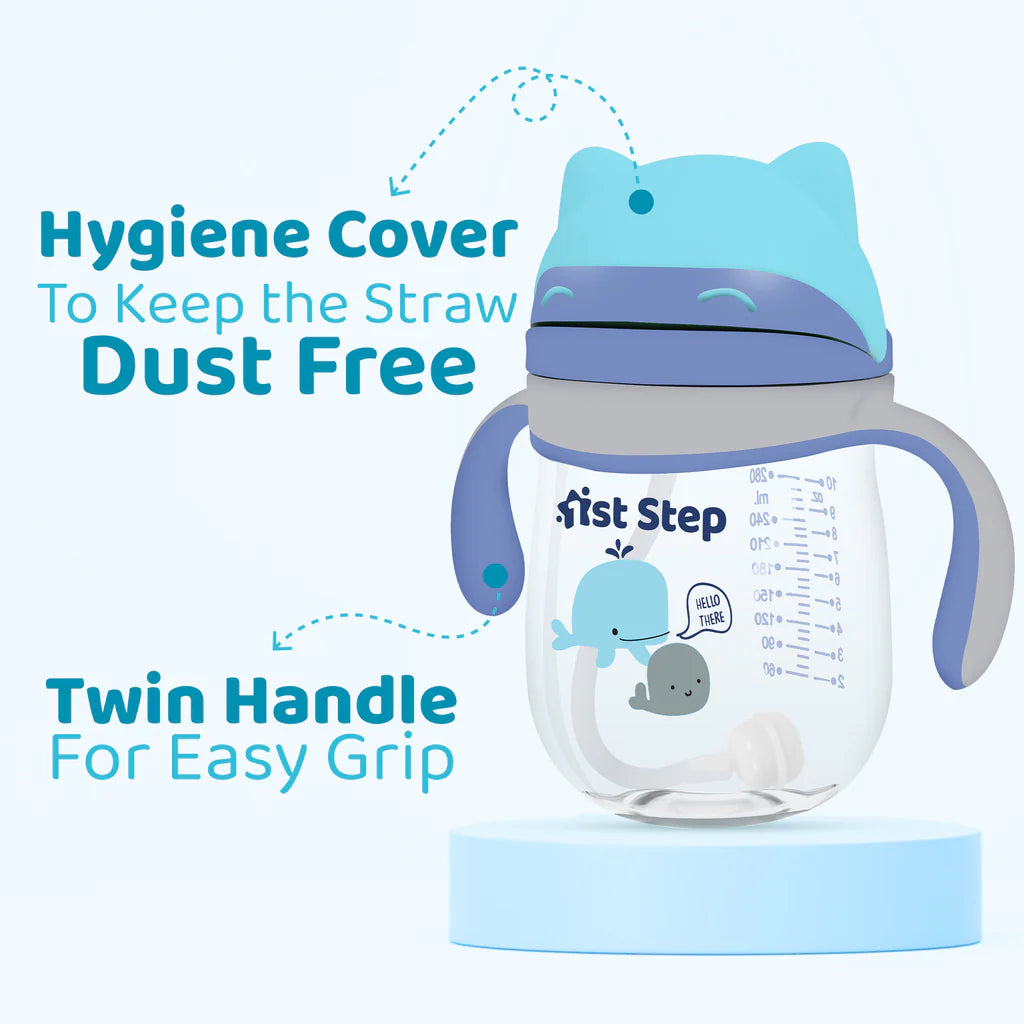 1st Step TRITAN 280 ml BPA Free Anti-Spill Soft Silicone Weighted Straw Baby Sipper Cup with Twin Handle - Blue - Mamadada