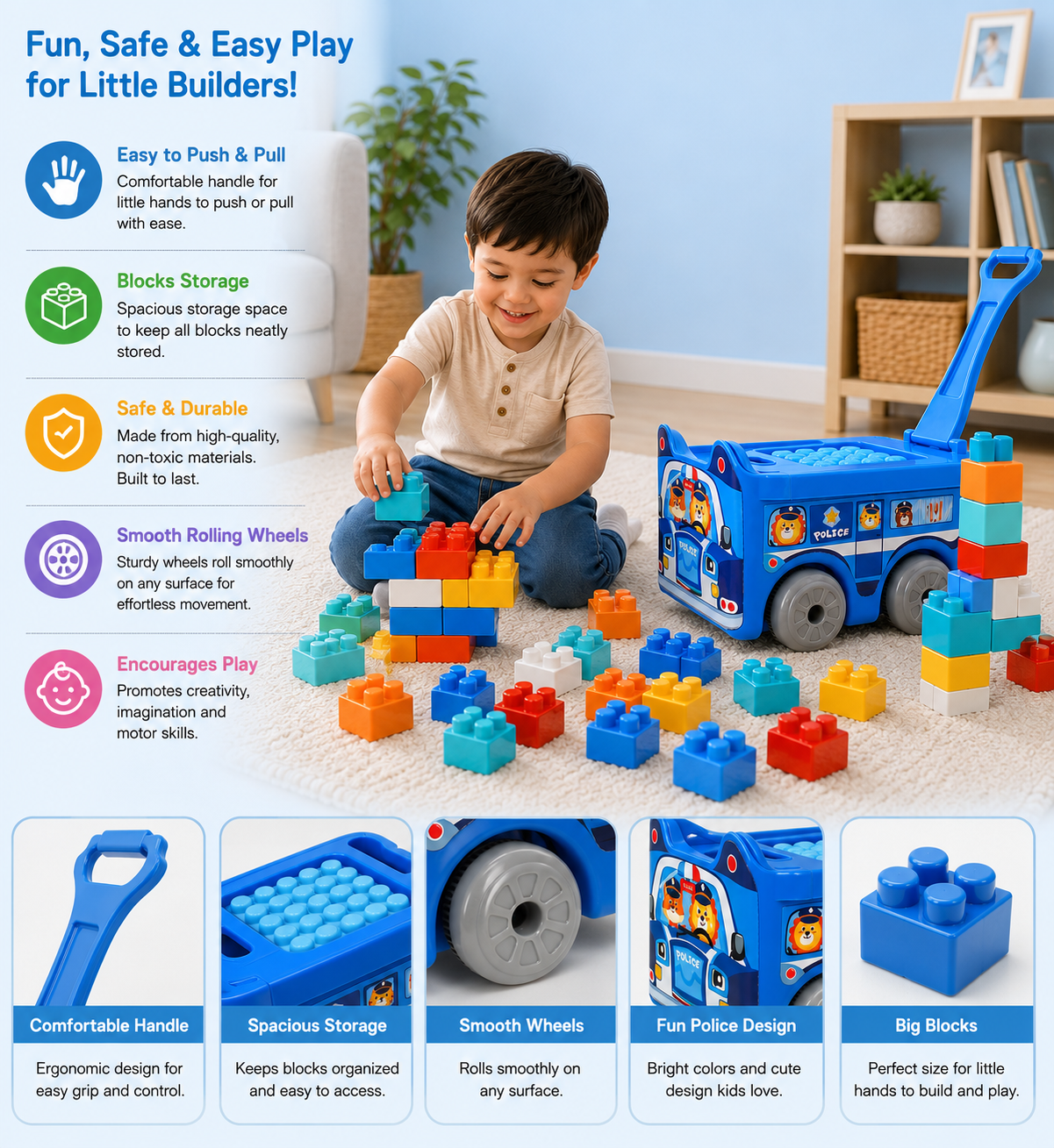 Police Car Pull Wagon with Building Blocks