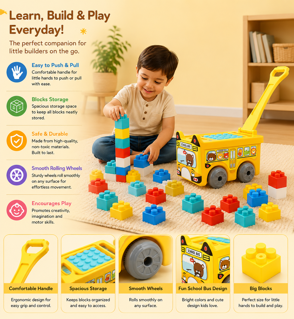 School Bus Pull Wagon with Building Blocks