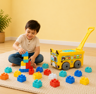 School Bus Pull Wagon with Building Blocks