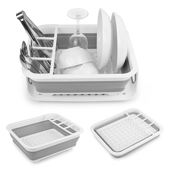 Foldable Kitchen Drain Rack – Space Saving Dish Drying Rack with Utensil Holder