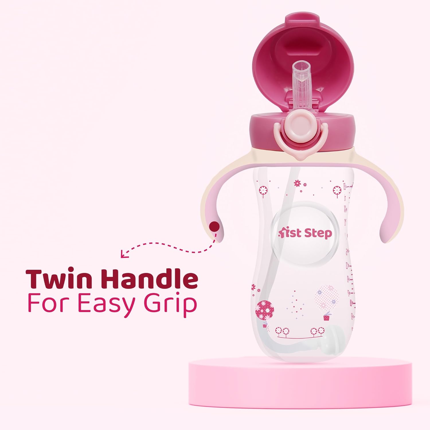 1st Step 330 ml BPA Free Anti-Spill Soft Silicone Weighted Straw Baby Sipper Cup with Twin Handle and Flip Top