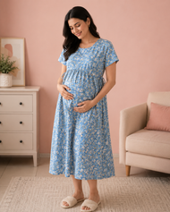 Women's Maternity  Sky Blue Floral Print Feeding Gown