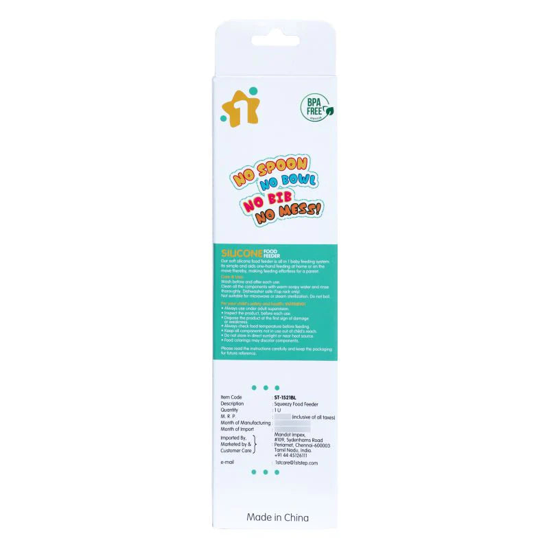 1st Step Non Spill BPA Free Soft Silicone Squeezy Food Feeder-Blue