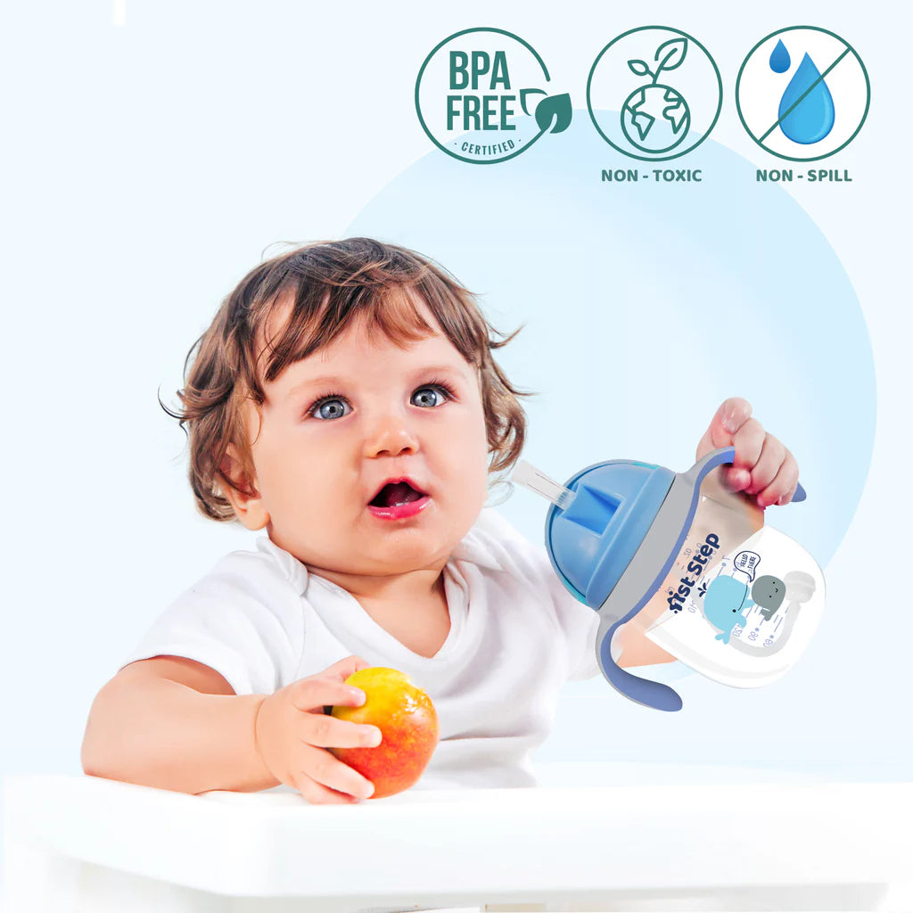 1st Step TRITAN 280 ml BPA Free Anti-Spill Soft Silicone Weighted Straw Baby Sipper Cup with Twin Handle - Blue - Mamadada