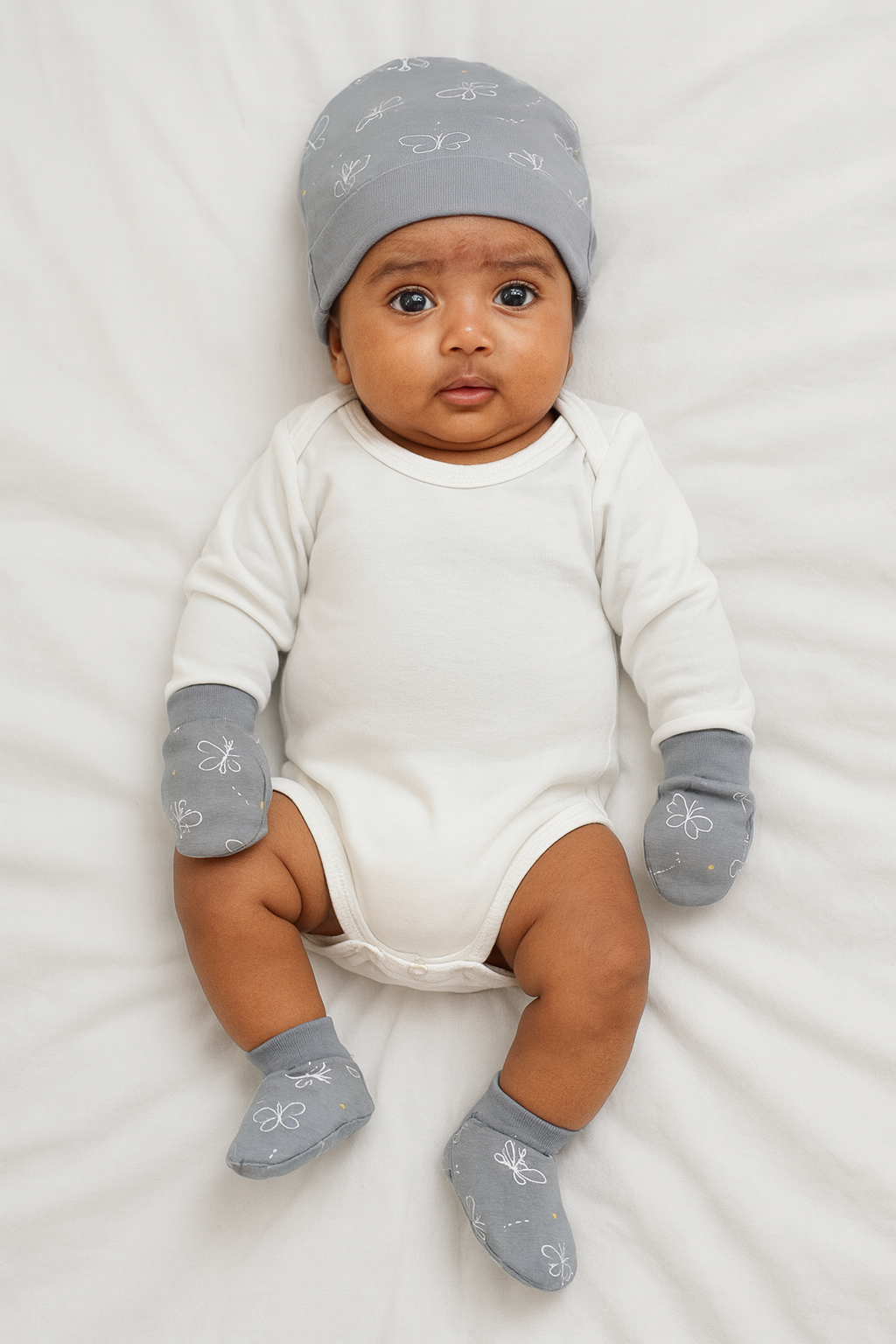 Grey Flutter Butterfly Newborn Cap, Mittens & Booties Set