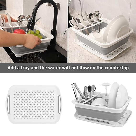 Foldable Kitchen Drain Rack – Space Saving Dish Drying Rack with Utensil Holder