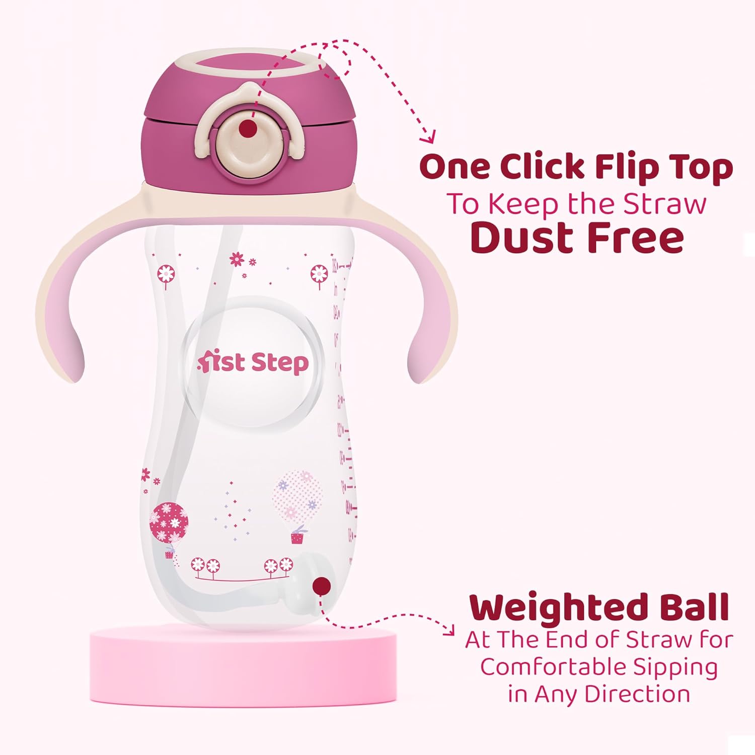 1st Step 330 ml BPA Free Anti-Spill Soft Silicone Weighted Straw Baby Sipper Cup with Twin Handle and Flip Top