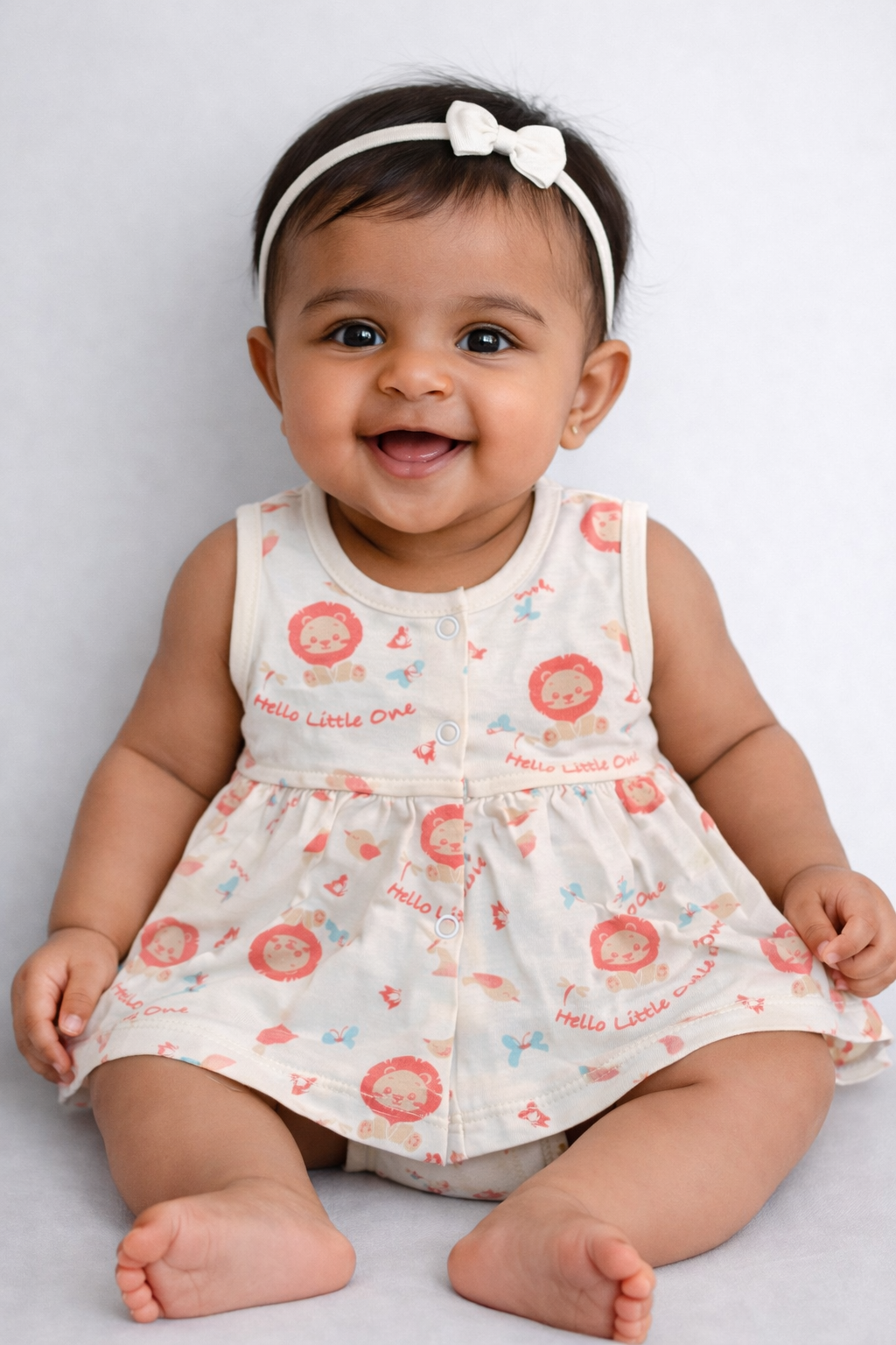 Cream Lion Print Baby Frock