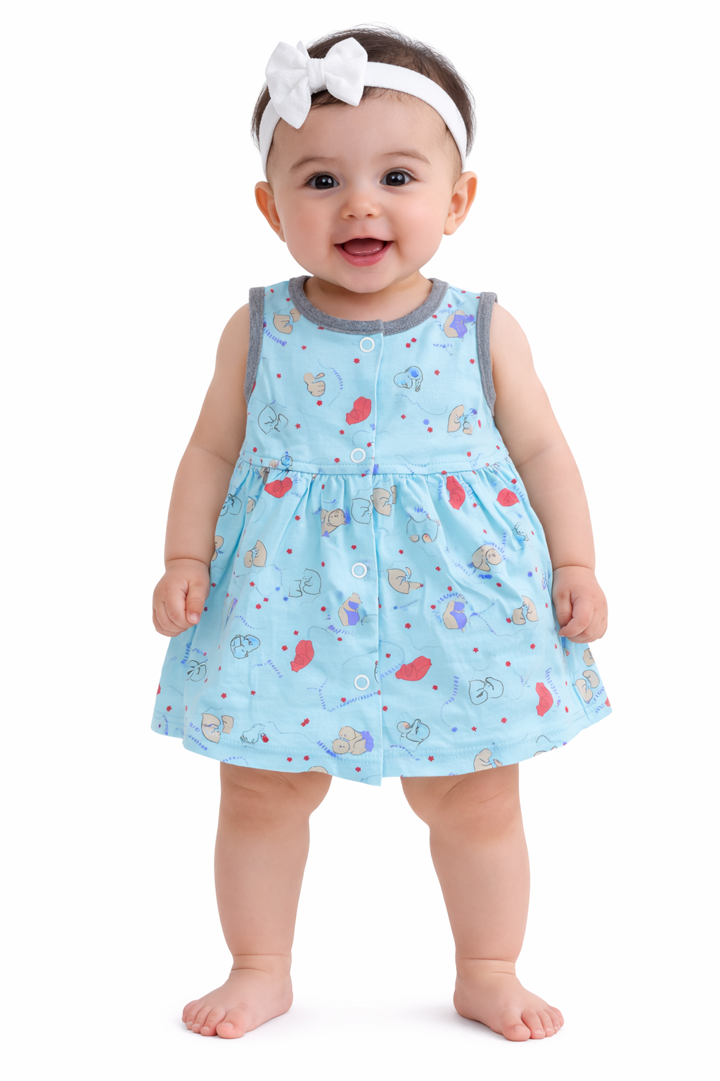 Sky Blue Teddy Print Baby Frock