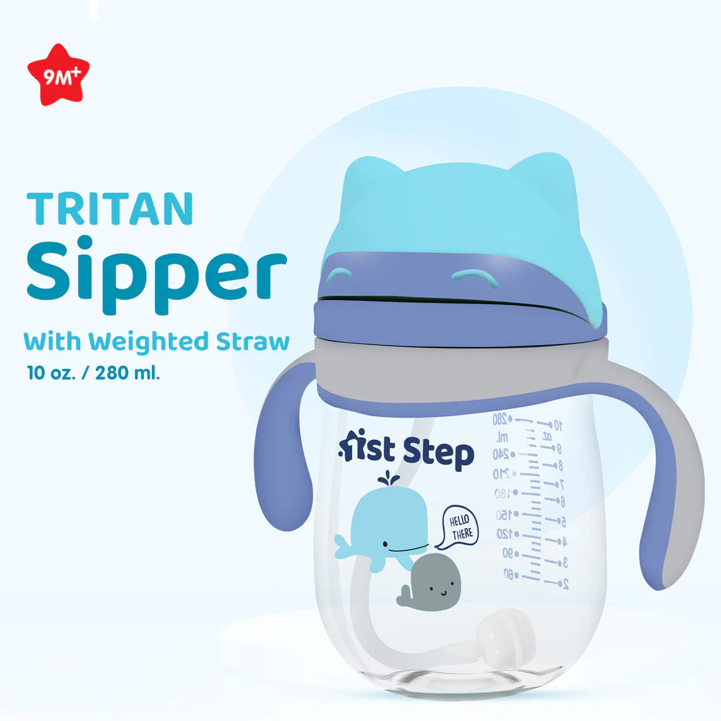 1st Step TRITAN 280 ml BPA Free Anti-Spill Soft Silicone Weighted Straw Baby Sipper Cup with Twin Handle - Blue - Mamadada
