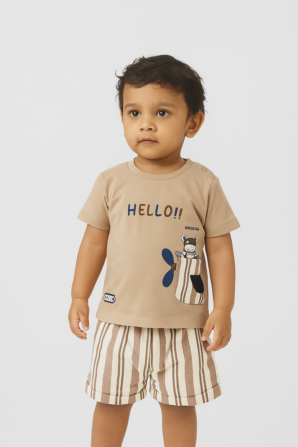 Beige “Hello!! Wrooomie” T-Shirt & Striped Shorts Set