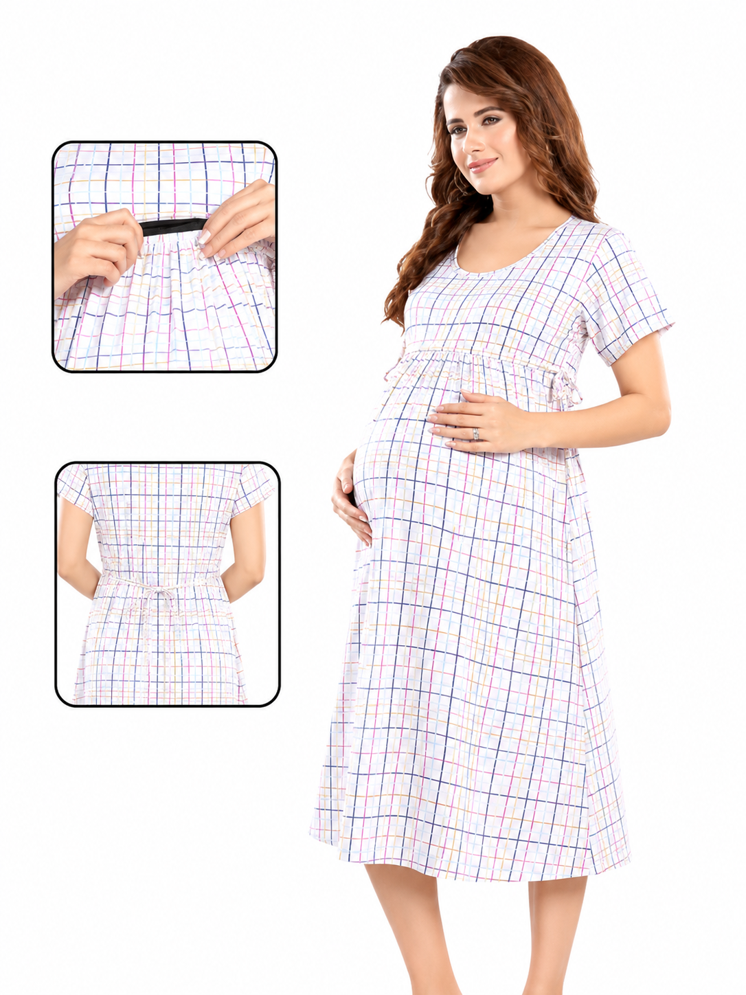 Women's Maternity Multicolor Check Print Feeding Gown