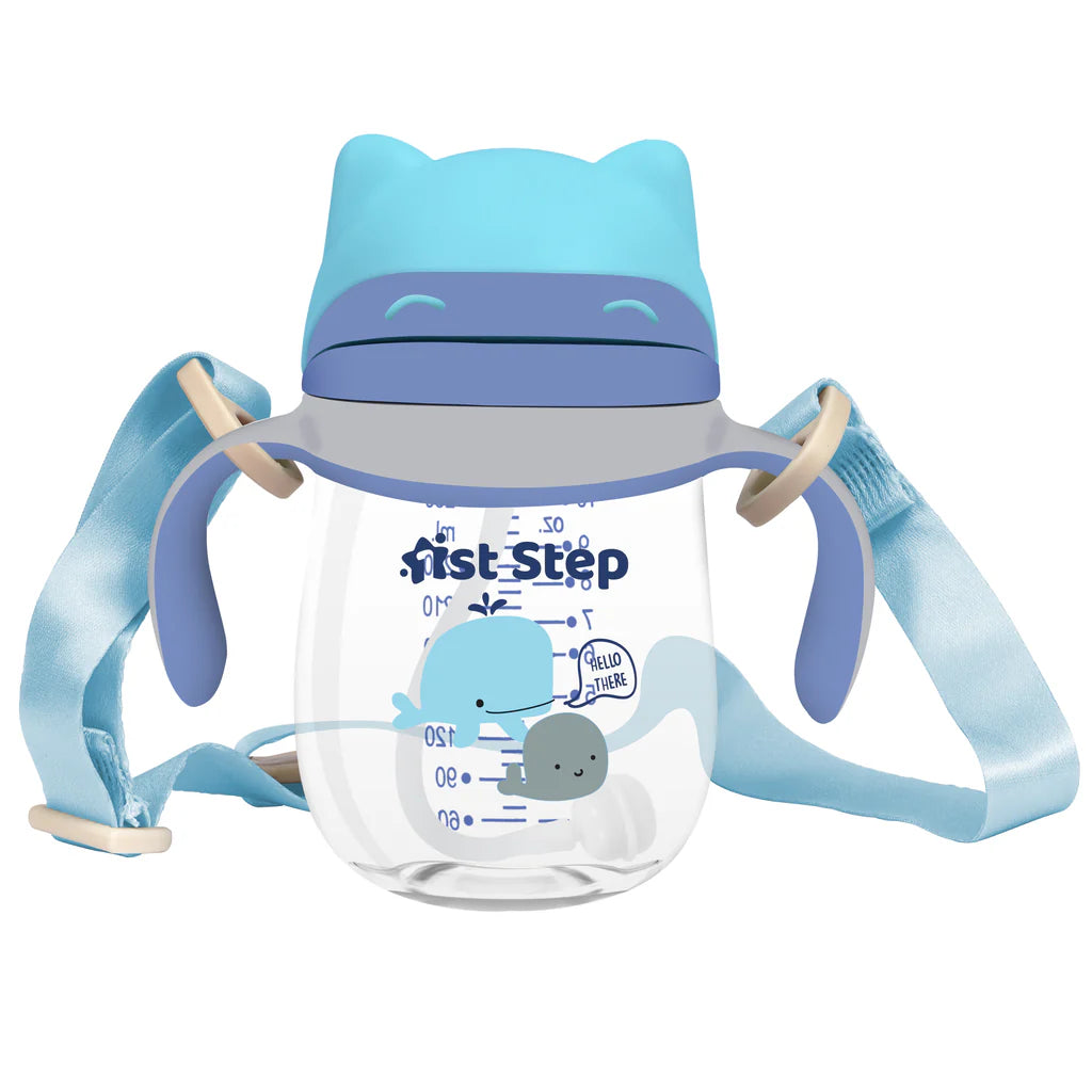 1st Step TRITAN 280 ml BPA Free Anti-Spill Soft Silicone Weighted Straw Baby Sipper Cup with Twin Handle - Blue - Mamadada