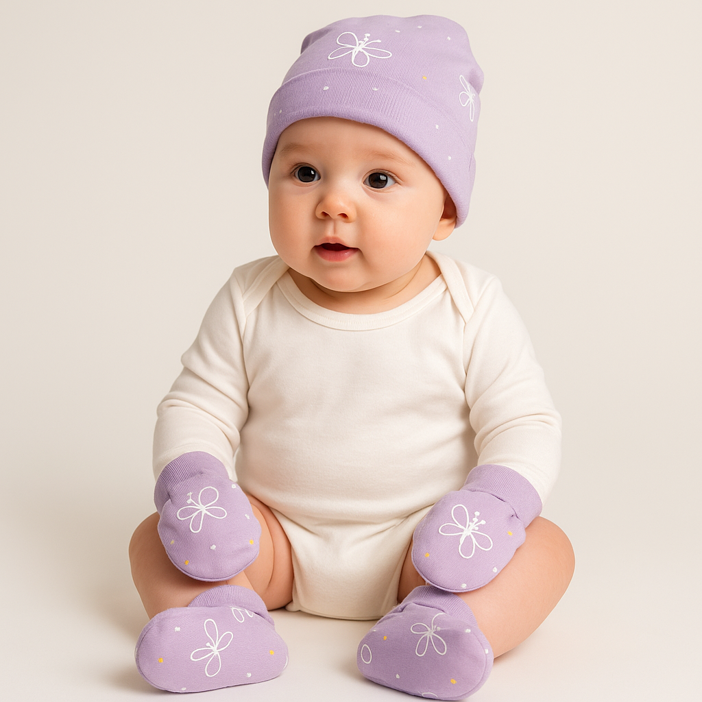 Lavender Flutter Butterfly Newborn Cap, Mittens & Booties Set