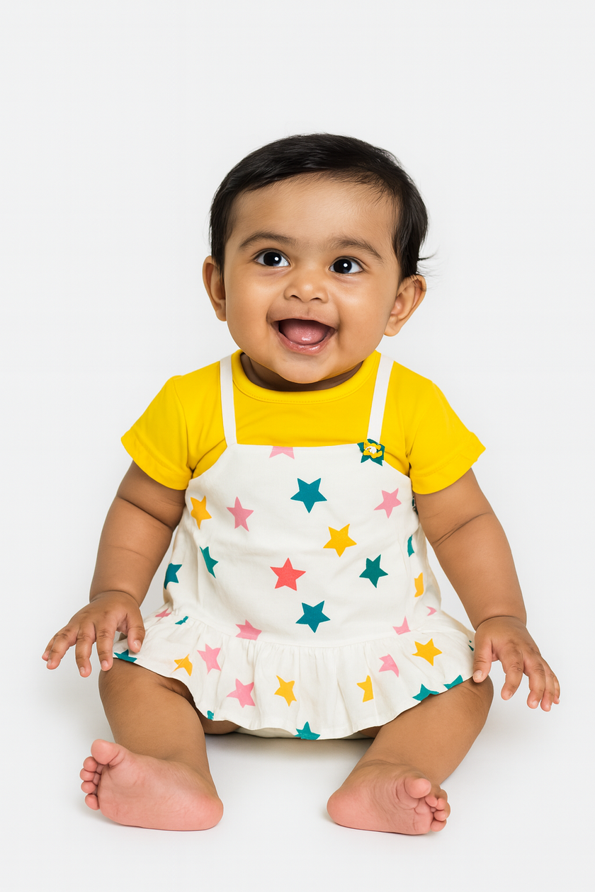 Yellow Star Printed Pinafore Set for Girls
